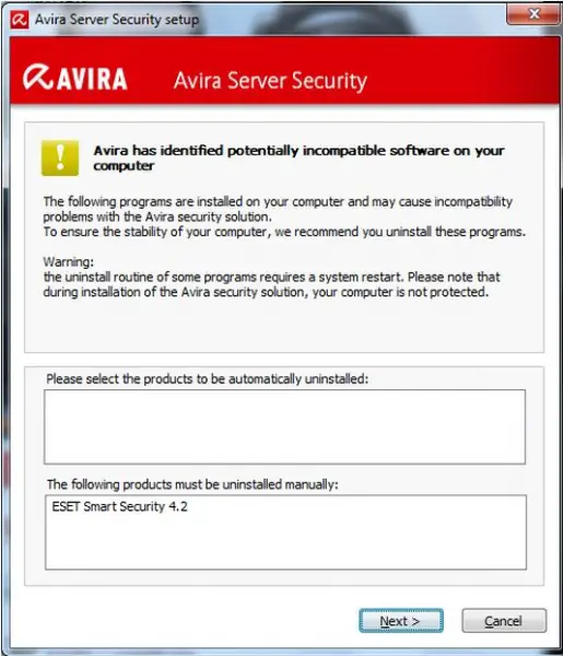 Avira Server Security 12.0 setup error-potentially incompatible software