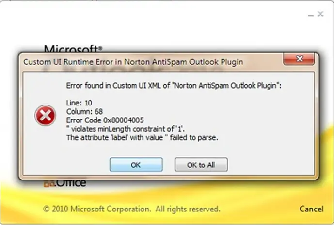 Error found in Custom UI XML of “Norton AntiSpam Outlook Plugin