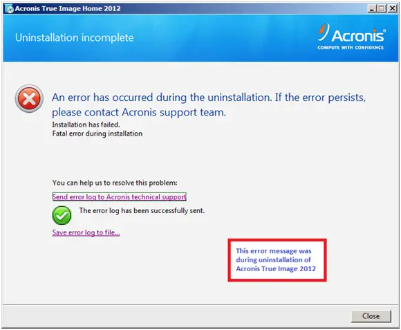 acronis true image error messages