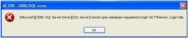 ACTPR – ODBC/SQL error [Microsoft][ODBC SQL Server Driver][SQL Server] Cannot open database requested in login ‘ACT7Demoa’. Login fails.