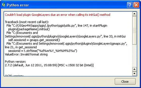 Couldn't load plugin GoogleLayers due an error when calling its initGui() method