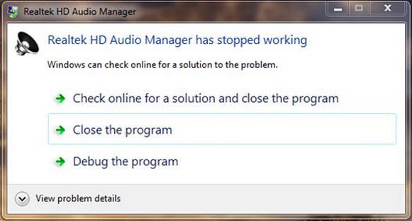 Realtek HD Audio Manager has stopped working