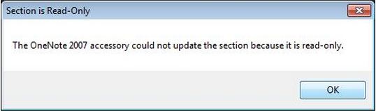 The OneNote 2007 accessory could not update the section because it is read-only.