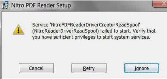 Service ‘NitroPDFReaderDriverCreatorReadSpool’  (NitroReaderDriverReadSpool) failed to start.