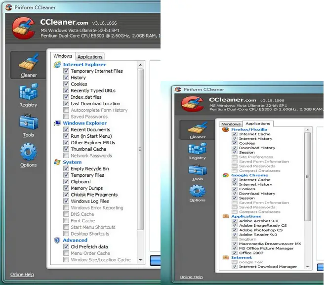 Properly user interface of CCleaner 3.16