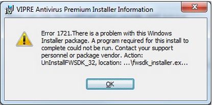 ошибка 1721 проблема достаточная причина для установки Windows Vista