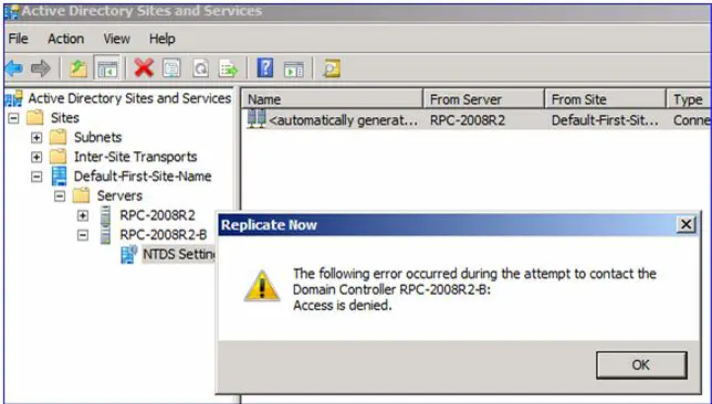 The following error occurred during the attempt to contact the - Domain Controller RPC-2008R2-B: