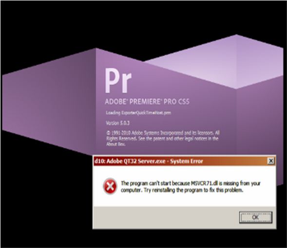 d10: Adobe QT32 Server.exe - System Error The program can't start because MSVCR71.dll is missing from your computer.