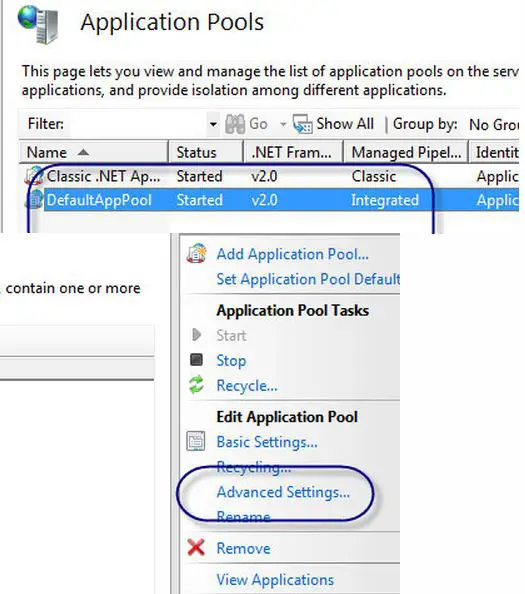 Properly set up the application pool  by going to “Application Pools list”