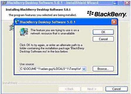 BlackBerry Desktop Software 5.0.1 -The feature you are trying to use is on a network resource that is unavailable.