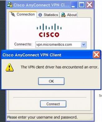 Cisco AnyConnect software-The VPN client driver has encountered an error.