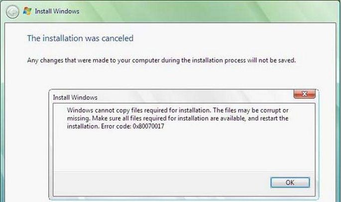 Windows cannot copy files for installation-Error code: 0x80070017