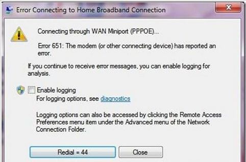 Error 651: The modem (or other connecting device) has reported an error.
