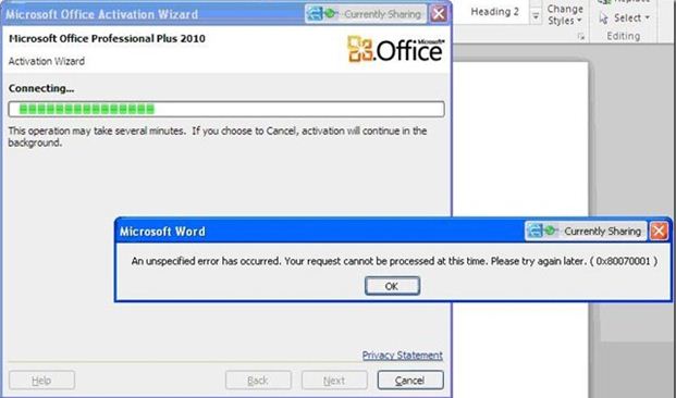 microsoft office activation wizard-error code 0x80070001