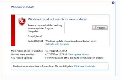 Windows Update, the error code 80040154 appears