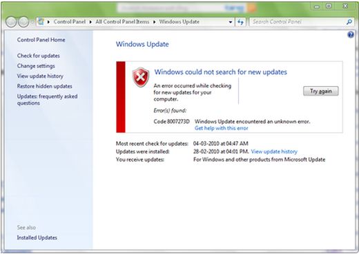 Windows could not search for new updates- error Code 8007273D
