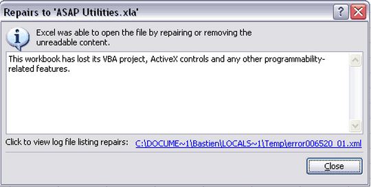 Excel 2007/2010 and ASAP Utilities-"Repairs to 'ASAP Utilities.xla'