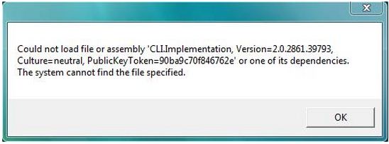 Could not load file or assembly ‘CLI.Implementation, Version=2.0.2861.39793, 