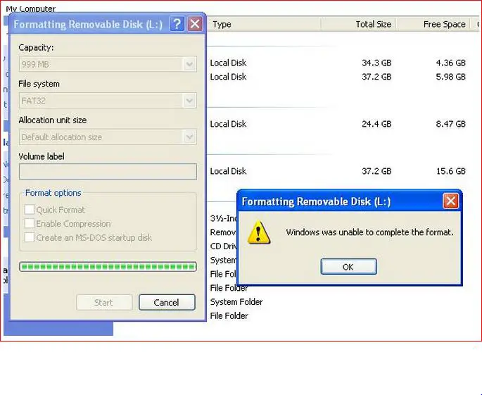 windows unable to complete the format.