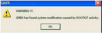 GMER has found system modification caused by ROOTKIT activity.