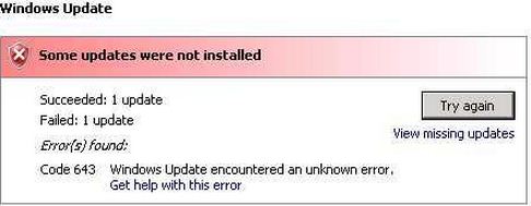 Some updates were not installed .NET Framework 1.1-windows update-error 643