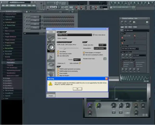 The needed sample rate (44100Hz) couldn't be set and is not supported by the ASIO driver. Please try another sample rate