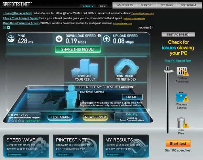 speed test window console of speedtest.net