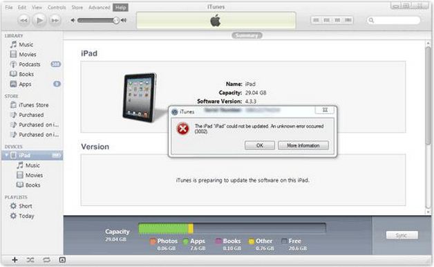 iTunes The iPad "iPad" could not be updated. An unknown error occurred(3002)