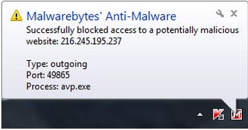 Malwarebytes anti-malware -Successfully blocked access to a potentially malicious website: 216.245.195.237