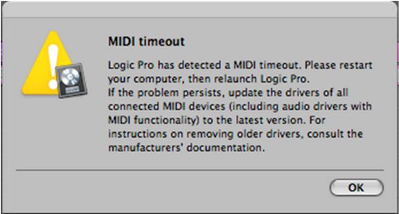 Logic Pro has detected a MIDI timeout