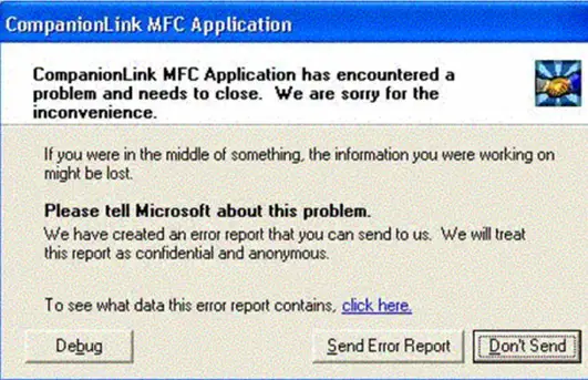 CompanionLink MFC Application has encountered a problem and needs to close. We are sorry for the inconenience.
