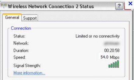 Wireless Network Connection 2 Status Window Console