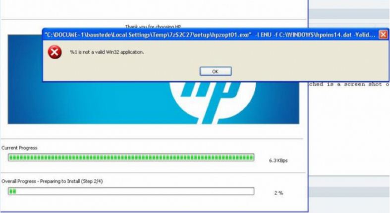 Hp printer installation error-%1 is not a valid win32 application