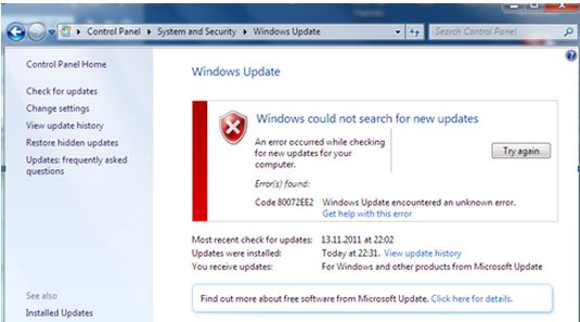 control panel-My Windows Update application- Error 0x80072EE2: Exception from HRESULT: 0x80072EE2