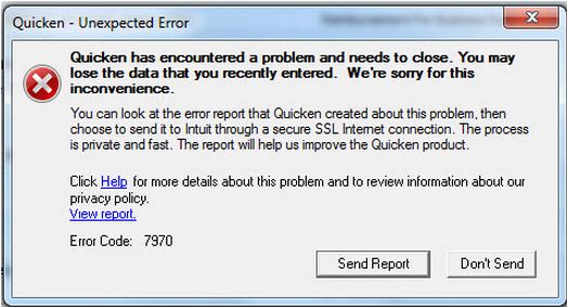 Quicken has encountered a problem and needs to close