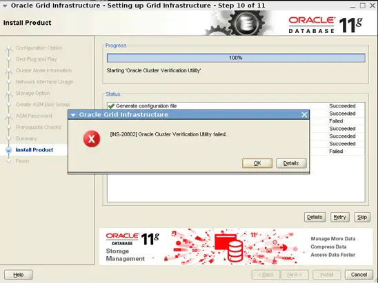 Oracle Grid Infrastructure – Setting up Grid Infrastructure – Step 10 of 11 [INS-20802] Oracle Cluster Verification Utility failed.
