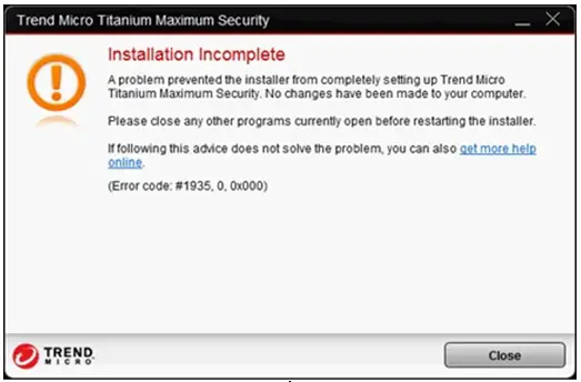 a problem prevented the installer from completely setting up Trend Micro..