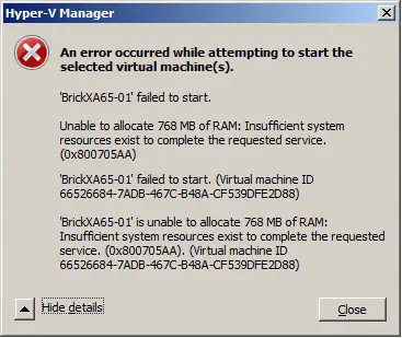 VM failed to start - Unable to allocate Ram: insufficient system resources - Error 0x800705AA