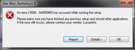 An error (5006-0x8000ffff) has occurred while running the setup.