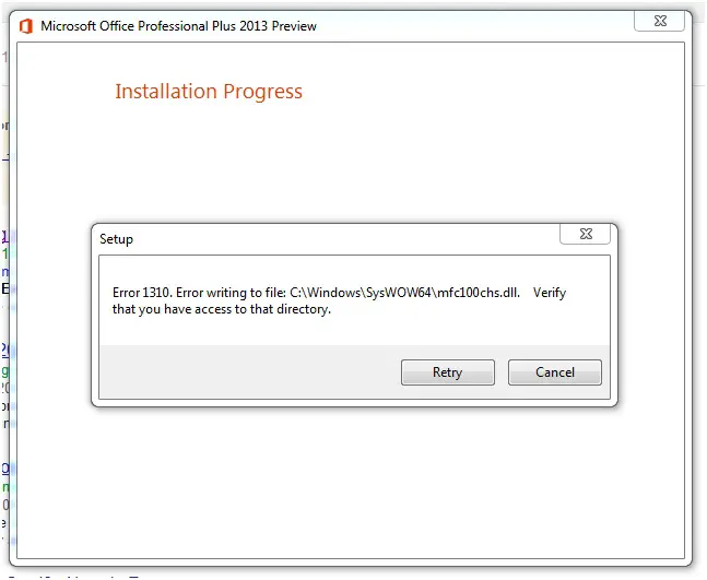 Error 1310. Error writing to file: C:WindowsSysWOW64mfc100chs.dll. Verify that you have access to that directory