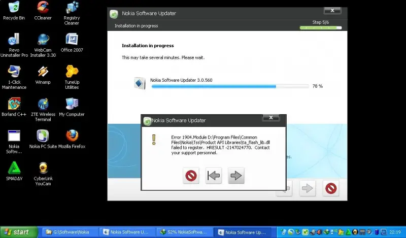 Nokia Software Updater Error 1904. Module D:Program FilesCommon FilesNokiaTssProduct API Librariesta_flash_lb.dl failed to register. HRESULT - 2147024770. Contact your support personnel. 