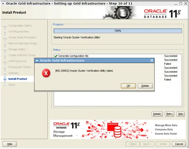 Oracle Grid Infrastructure [INS-20802] Oracle Cluster Verification Utility failed