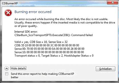 cdburnerxp er is een nieuwe fout opgetreden tijdens het branden van de schijf