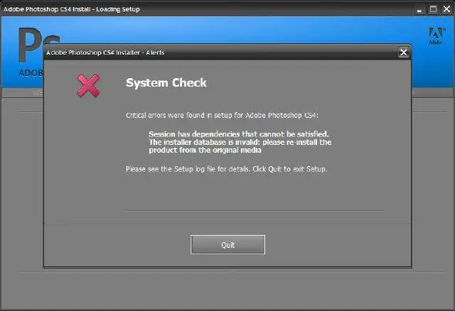 la instalación de photoshop cs4 ha encontrado un error y no puede continuar