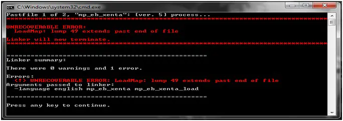 UNRECOVERABLE ERROR: LoadMap: lump 49 extends past end of file”
