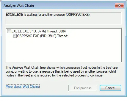 Analyze Wait Chain - Excel.exe is waiting for another process (osppsvc.exe).