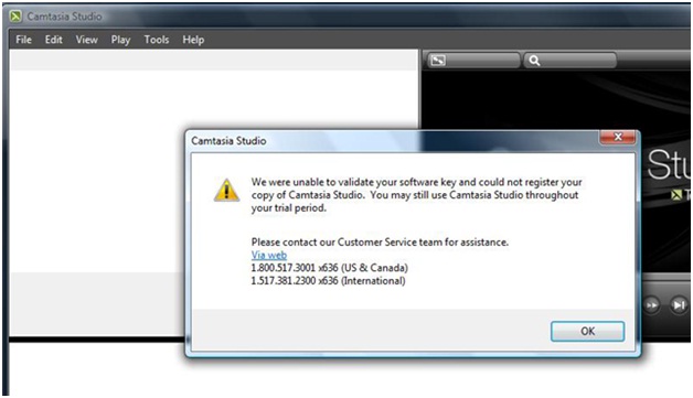 We were unable to validate your software key and could not register your copy of Camtasia Studio