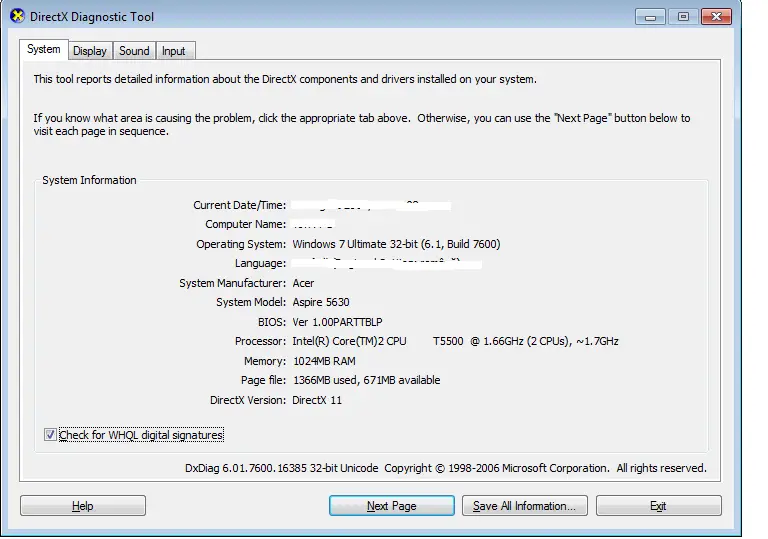 DirectX Diagnostic Tool window console