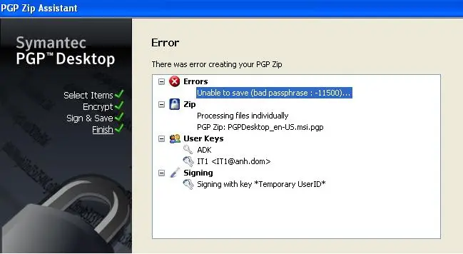 PGP Zip Assistant - Unable to save (Bad passphrase: -11500...