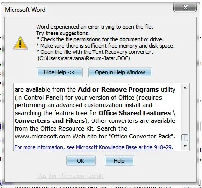 microsoft word experienced an error trying to open the file